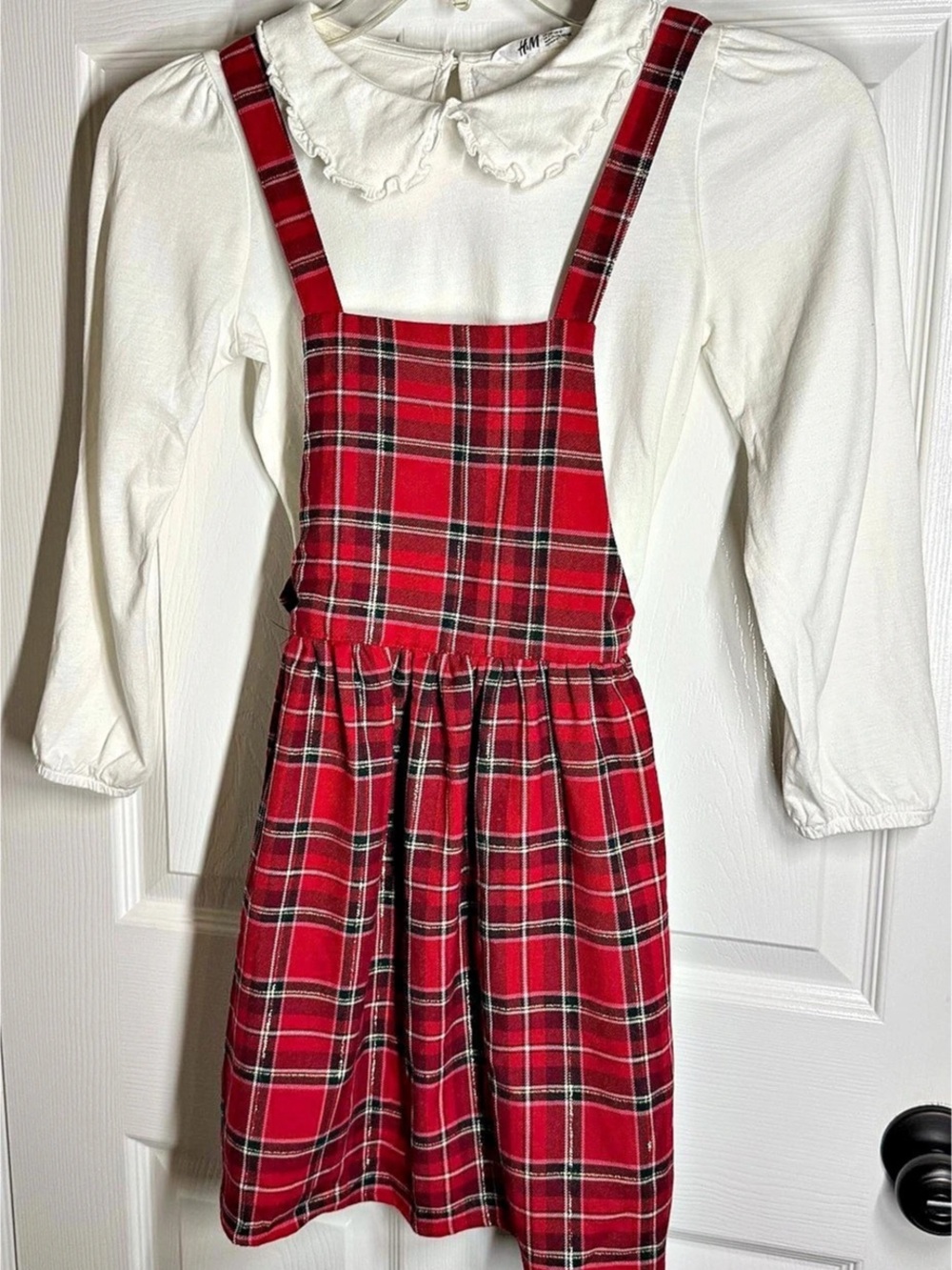 H&M Plaid Pinafore Dress and Blouse Set Girls 10 Red & White